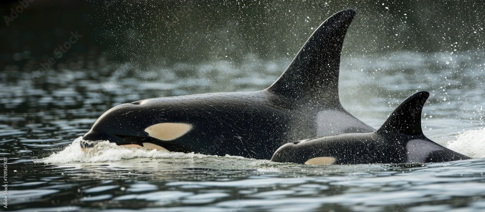 Naklejka premium Orca mother and baby playing in the water.