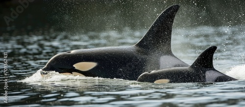 Orca mother and baby playing in the water.