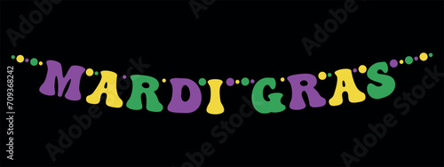 Mardi Gras banner, big colorful letters hanging on a string, decorative vector element