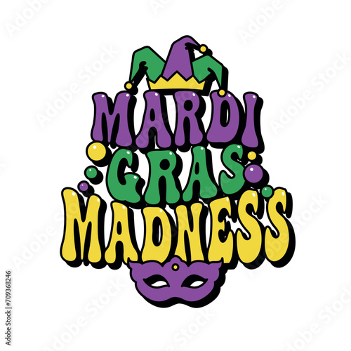 mardi gras madness groovy lettering, carnival, festival, party invitation design, vector sticker