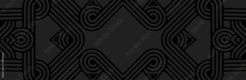 Banner, tribal cover design. Relief ethnic geometric 3D pattern on a black background, space for text. Ornamental art of the East, Asia, India, Mexico, Aztec, Peru. - obrazy, fototapety, plakaty 