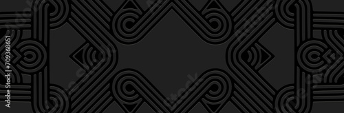 Fototapeta Naklejka Na Ścianę i Meble -  Banner, tribal cover design. Relief ethnic geometric 3D pattern on a black background, space for text. Ornamental art of the East, Asia, India, Mexico, Aztec, Peru.