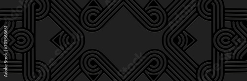 Banner, tribal cover design. Relief ethnic geometric 3D pattern on a black background, space for text. Ornamental art of the East, Asia, India, Mexico, Aztec, Peru.
