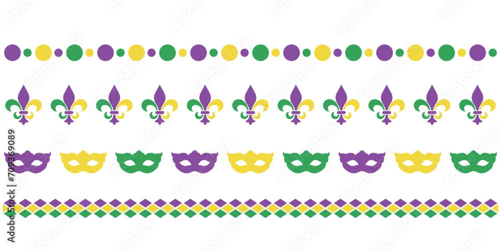Mardy gras horizontal border set, beads and carnival mask, fleur de lis, party decoration design elements, vector dividers