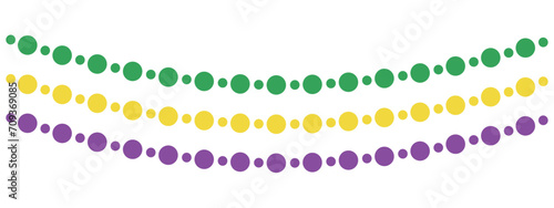 hanging mardi gras bead garlands, purple, gold, green beads, vector border, simple decorative element for card, carnival or celebration
