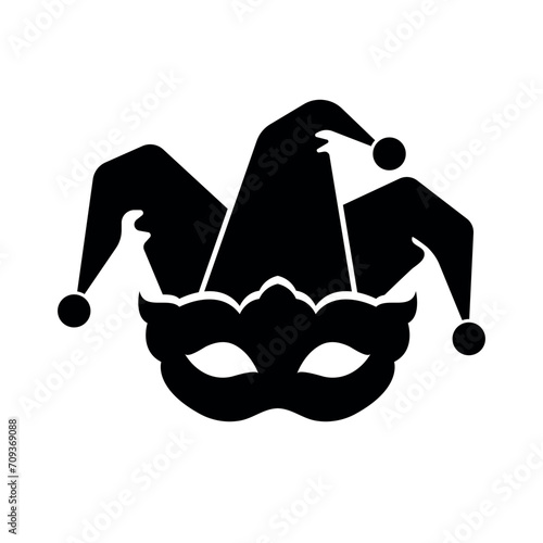 mardi gras black logo, jester hat and carnival mask silhouette vector icon
