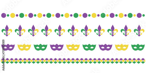 Mardy gras horizontal border set, beads and carnival mask, fleur de lis, party decoration design elements, vector dividers photo