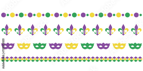 Mardy gras horizontal border set, beads and carnival mask, fleur de lis, party decoration design elements, vector dividers