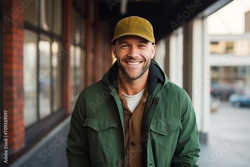Portrait of a smiling young man in a cap and green jacket © Igor