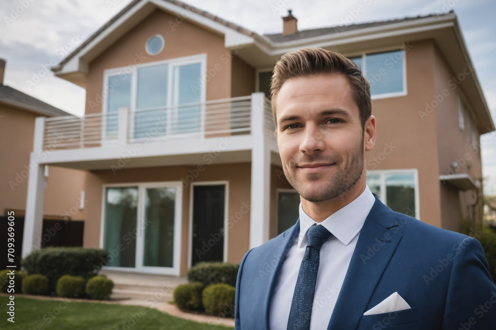 Portrait of a successful real estate agent standing with a satisfied expression in front of home for sale. Portrait of a successful real estate agent standing with a satisfied expression in front of home for sale.
