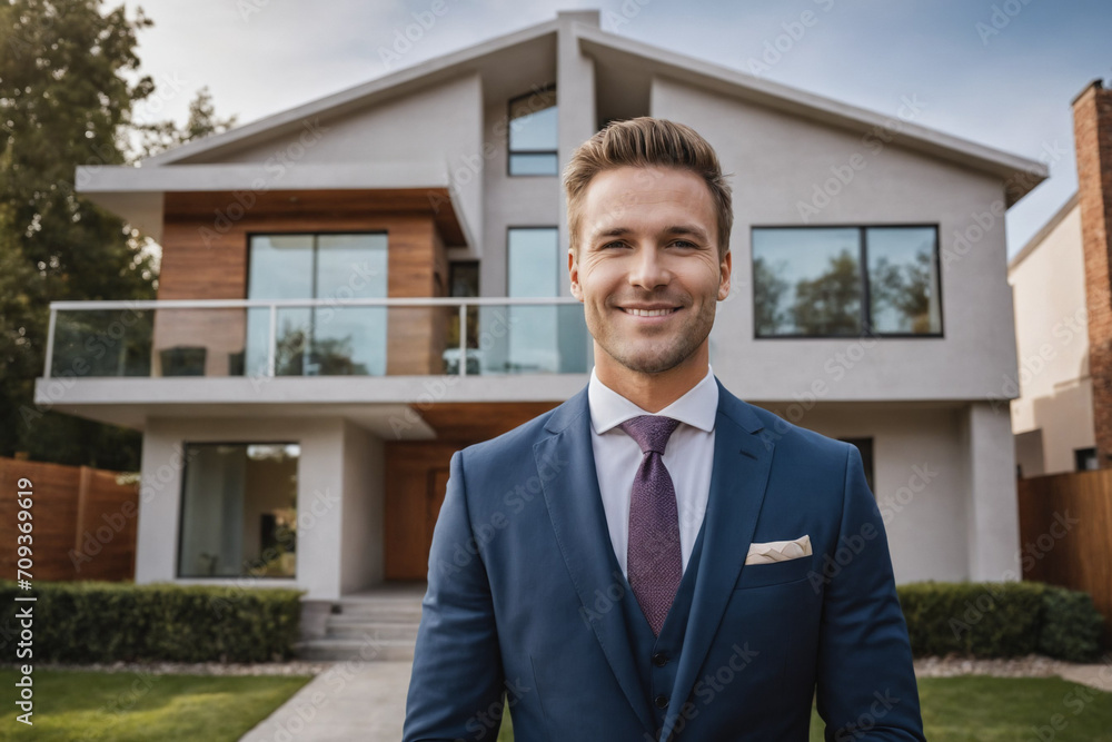 Cheerful professional young realtor looking happy and smiling while demonstrating the house Cheerful professional young realtor looking happy and smiling while demonstrating the house