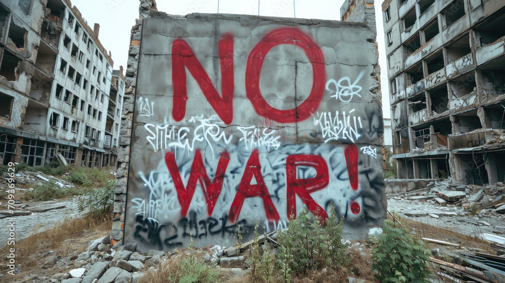 Obraz premium Graffiti No War in destroyed city, painted text on broken concrete wall, scene of gloomy building ruins. Concept of conflict in Middle East, protest, street, rubble, freedom, peace