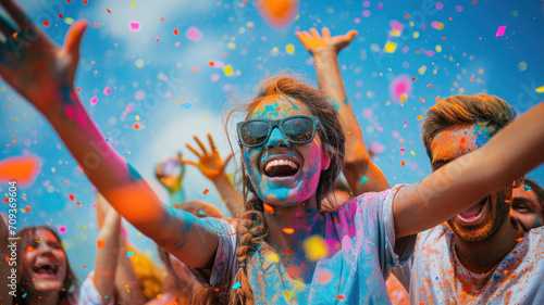 Happy adult girl with paint on face at Holi festival, people having fun. Young woman in sunglasses throwing colorful powder. Concept of India, color, party, travel, celebration.