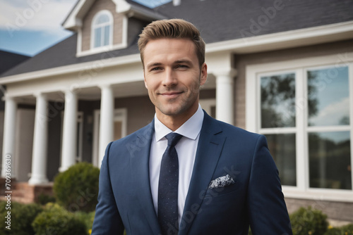 Cheerful professional young realtor looking happy and smiling while demonstrating the house photo