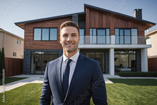 Cheerful professional young realtor looking happy and smiling while demonstrating the house