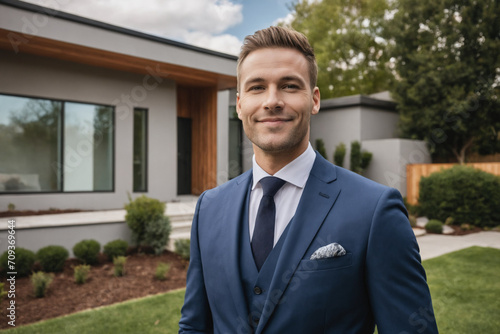 Cheerful professional young realtor looking happy and smiling while demonstrating the house