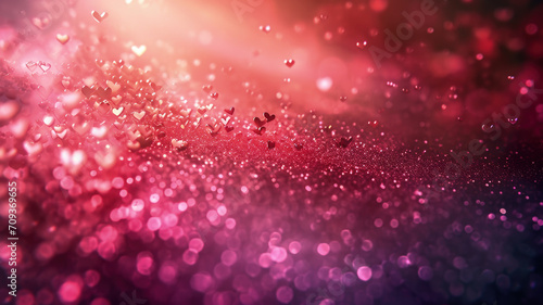 Valentine`s Day texture background, lot of small heart shapes, illustration. Red and pink colors pattern as abstract confetti. Concept of design, love, wedding, banner.