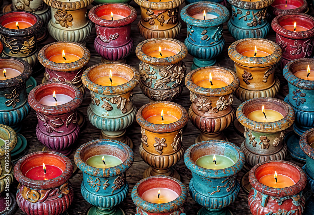 A collection of lit candles and holders on a wooden table