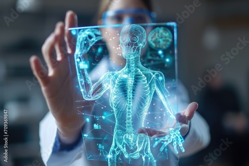 Medicine with futuristic technology. Doctors collaborate with computers, and holograms materialize intricate medical data, symbolizing harmonious future of advanced healthcare digital integration.