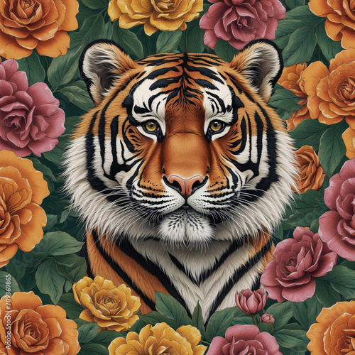 Portrait of a wild tiger among rose flowers. Generative ai