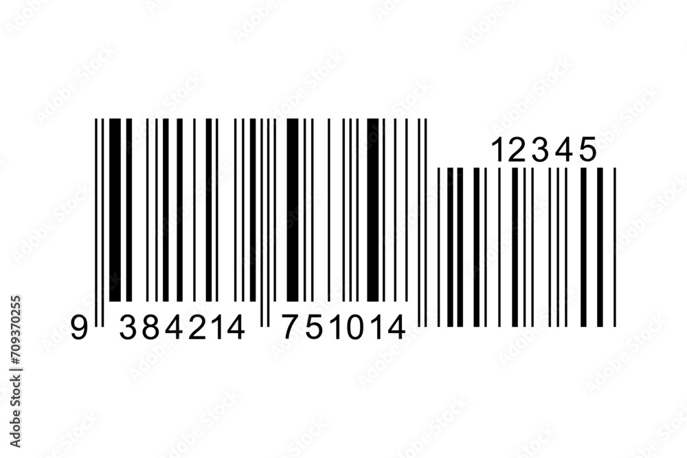 Barcode label template. Barcode icon. Visual data representation with product information isolated on white background. Vector graphic illustration