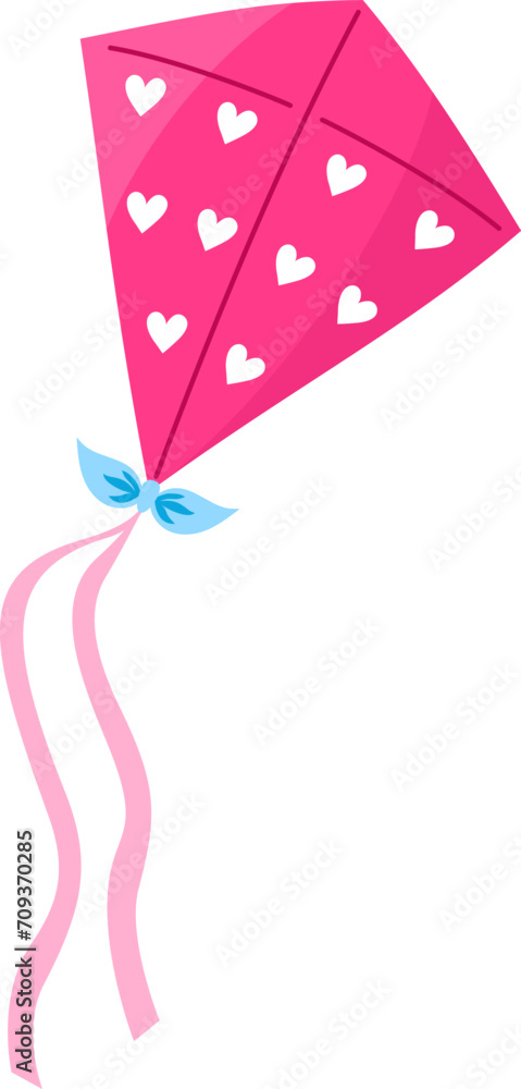 Flying pink kite. Outdoor activities, kite festival, Saint Valentine's Day or Makar Sankranti celebration theme. Vector illustration in flat style isolated on white background.