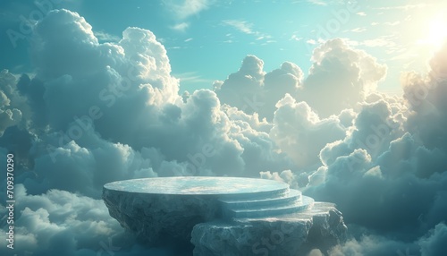 3D render of a round podium against a background of clouds at sunset photo