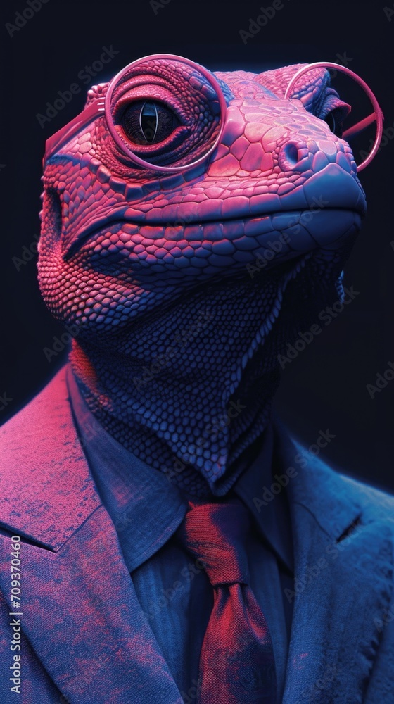 A lizard wearing a suit and tie in a dark room. A lizard wearing a suit and tie in a dark room.