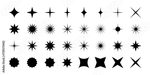 Set of black stars icons. Sparkle, twinkle, starburst, bling stardust shapes. Flash, light, fireworks, explosion, radiance magic symbols. Trendy vintage y2k pictograms. Vector graphic illustration