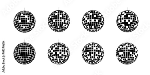 Set of party discoballs. Vintage nightclub bright spheres. Nigh club glitterballs with pixel texture. Vintage mirrorballs in 70s 80s 90s discotheque style