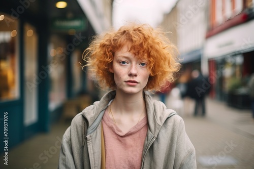 Portrait of a red-haired girl in the city. Shallow depth of field. © Igor