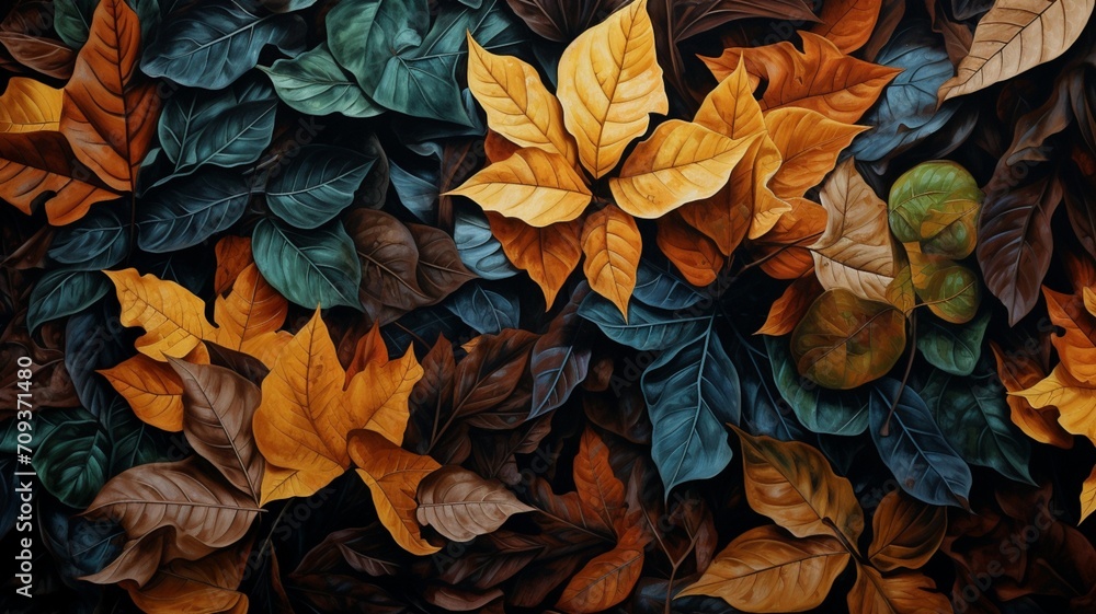 A dense carpet of fallen leaves covering the jungle floor, creating a rich tapestry of colors -Generative Ai A dense carpet of fallen leaves covering the jungle floor, creating a rich tapestry of colors -Generative Ai
