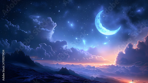 Magical Crescent Moon with Lantern on Starry Night Background  Stunning Wallpaper Design