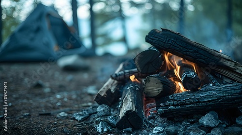 Scenic Campfire Wood Pile with Burnt Marks, Forest Background, and Blurred Tent