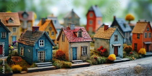 A bunch of miniature houses sitting on top of a wooden table.