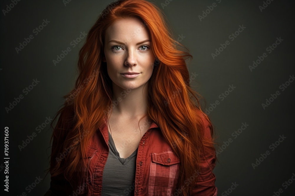 Portrait of a beautiful young woman with red hair. Studio shot.