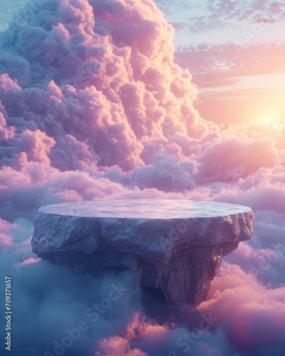 3D render of a round podium against a background of clouds at sunset
