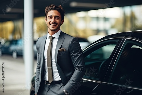 Confident Businessman Smiling by Luxury Car at Urban Setting © KirKam