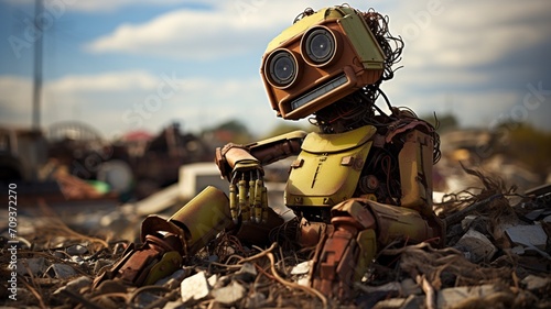 A despondent robot, perched on a rusty beam, overlooking a vast junkyard filled with discarded parts and broken dreams  -Generative Ai photo