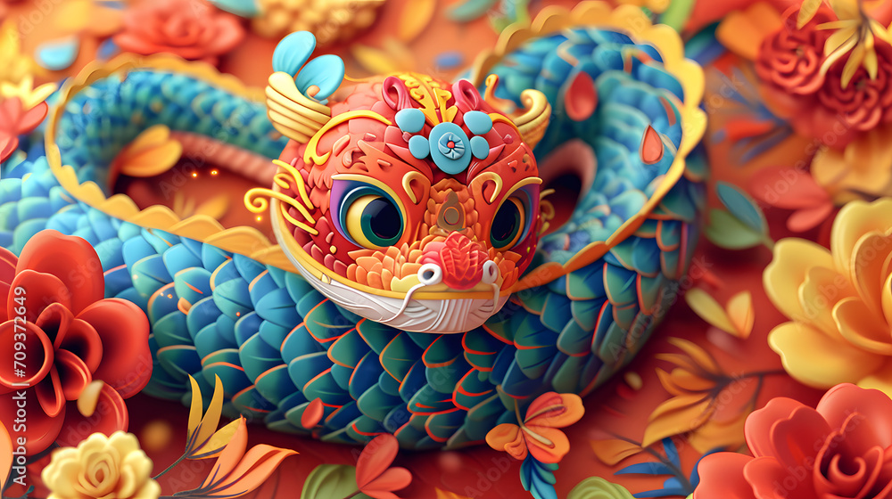 A vibrant and intricately designed snake surrounded by rich floral decorations, symbolizing celebration and culture during Chinese New Year.