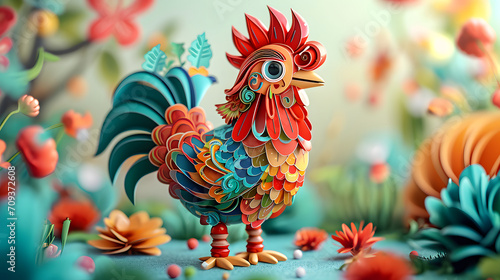 Photographie Vibrant digital artwork featuring a stylized, multi-colored rooster standing proud within a blooming, whimsical garden scene