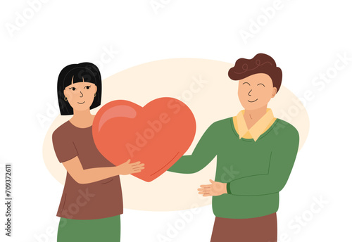 Romantic couple in love. Woman gifting big heart to smiling man. Happy young lovers. Sweethearts flat vector illustration for Valentines Day. Relationship concept