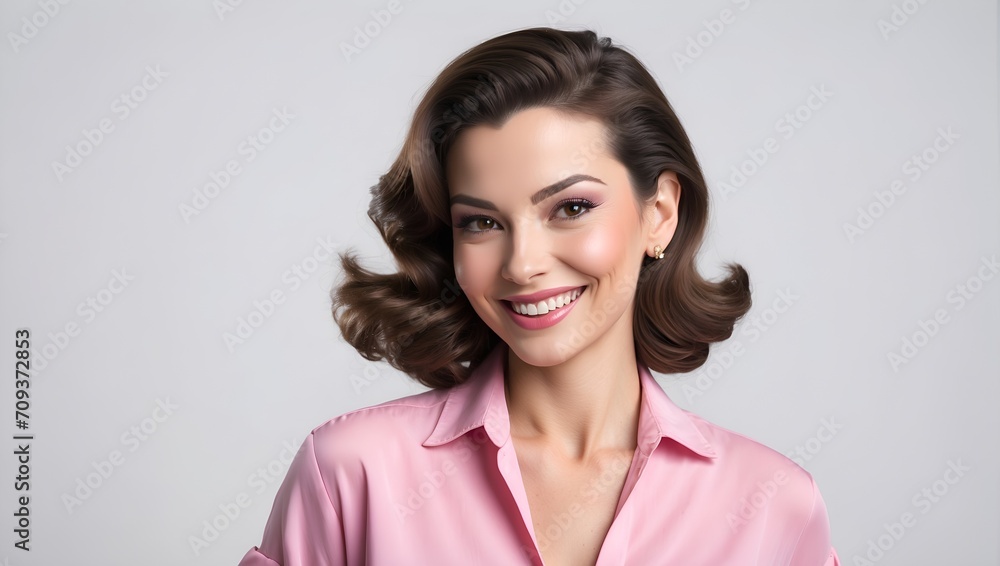 American woman in her fifties wearing pink shirt with flawless body poses in isolated background, advertising face, plastic surgery American woman in her fifties wearing pink shirt with flawless body poses in isolated background, advertising face, plastic surgery