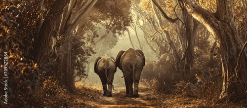 Elephants in the trees walking away.