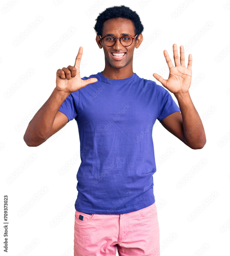 African handsome man wearing casual clothes and glasses showing and pointing up with fingers number seven while smiling confident and happy. African handsome man wearing casual clothes and glasses showing and pointing up with fingers number seven while smiling confident and happy.
