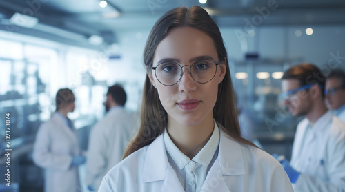 Beautiful young woman scientist wearing white coat and glasses in modern Medical Science Laboratory with Team of Specialists on background 