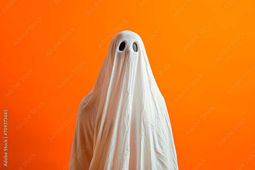 Studio shot of a sheet ghost against an orange background for Halloween. Studio shot of a sheet ghost against an orange background for Halloween.