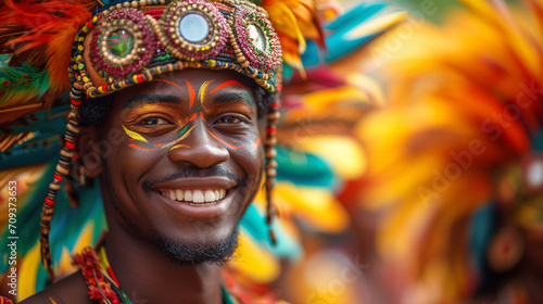 Black samba male dancer in colorful attire at a festival. 