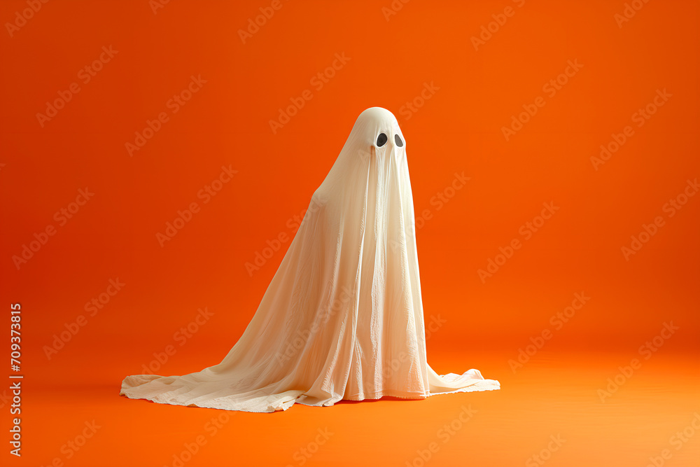 Studio shot of a sheet ghost against an orange background for Halloween.