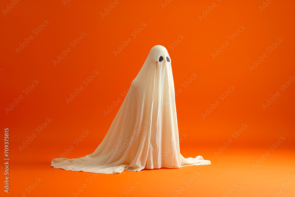 Studio shot of a sheet ghost against an orange background for Halloween. Studio shot of a sheet ghost against an orange background for Halloween.